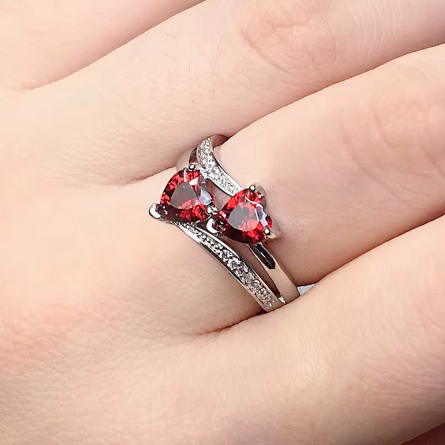 Double Heart-Shaped Cubic Zircon Ring
